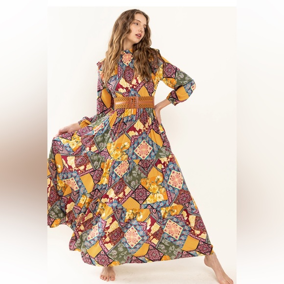 37 Boho Border Print Woven Shirring Tiered Maxi Dress - Picture 5 of 6